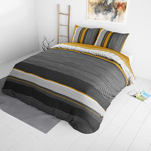 Dekbedovertrek Orary Dekbedovertrek - Lits-Jumeaux (240x220 cm) - Geel & Antraciet Katoen - Dessin: Strepen - Sleeptime Elegance -