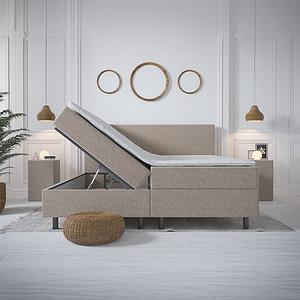 2-Persoons Boxspring Met Opbergruimte Hotel - Beige - Grijs & Beige 160x200 cm - Pocketvering - Inclusief Topper - Dekbed-Discounter.nl