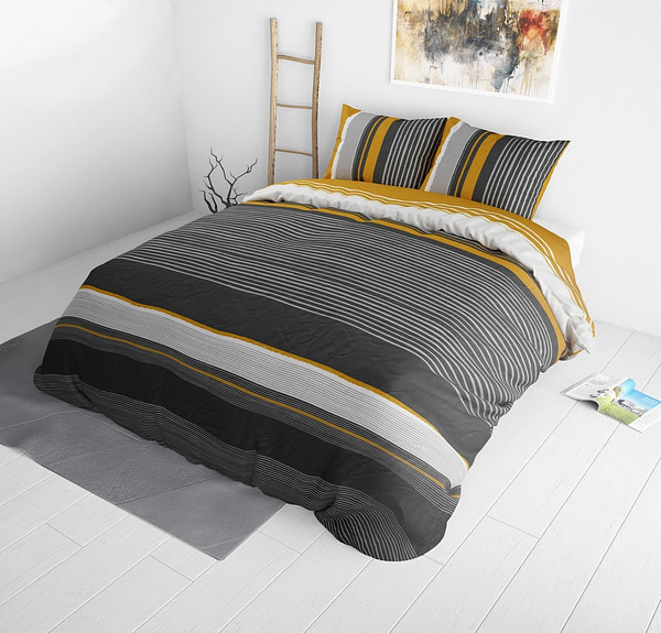 Dekbedovertrek Orary Dekbedovertrek - Lits-Jumeaux (240x220 cm) - Geel & Antraciet Katoen - Dessin: Strepen - Sleeptime Elegance -