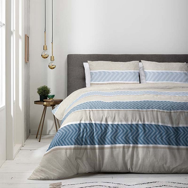 Dekbedovertrek Luna Herringbone Stripes - Lits-Jumeaux (240x220 cm) - Blauw Katoen - Dessin: Strepen - Luna Bedding - Dekbed-Discounter.nl